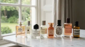 Collection of affordable perfume dupes for everyday wear displayed on a minimalist marble vanity tray.