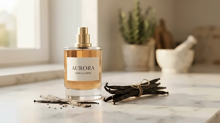A sleek glass fragrance bottle surrounded by vanilla pods on a minimalist vanity for affordable perfume dupes for everyday wear