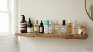 Organized bathroom shelf displaying various affordable perfume dupes for everyday wear.