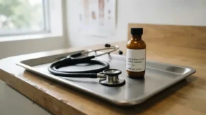 A gentle personal care product placed next to a stethoscope, demonstrating perfume for healthcare workers with fragrance-free policies.