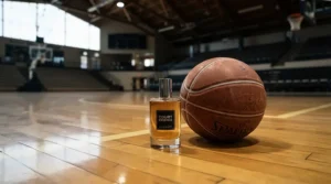 An athletic fresh cologne for men under $30 resting near a basketball on an indoor court.