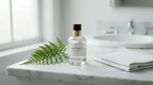 An athletic fresh cologne for men under $30 displayed on a clean marble bathroom vanity.