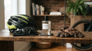 An athletic fresh cologne for men under $30 showcased with cycling gear and a helmet.