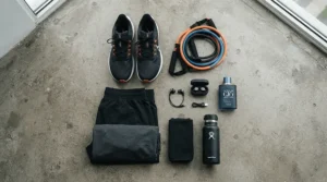 A flat lay arrangement featuring an athletic fresh cologne for men under $30 alongside workout accessories.