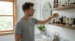 A man reaching for his athletic fresh cologne for men under $30 during his morning grooming routine.