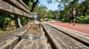 A bottle of athletic fresh cologne for men under $30 placed on a park bench after a morning jog.