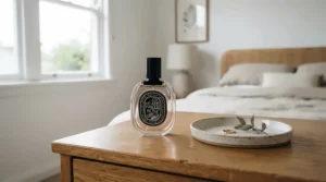 A balanced-scent men's office cologne displayed on a modern wooden bedroom dressing table