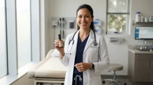 A medical professional smiling in a modern clinic setting, highlighting perfume for healthcare workers with fragrance-free policies.