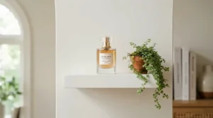 A sleek bottle of citrus perfume for summer daily wear styled on a clean white bathroom shelf with green ferns.