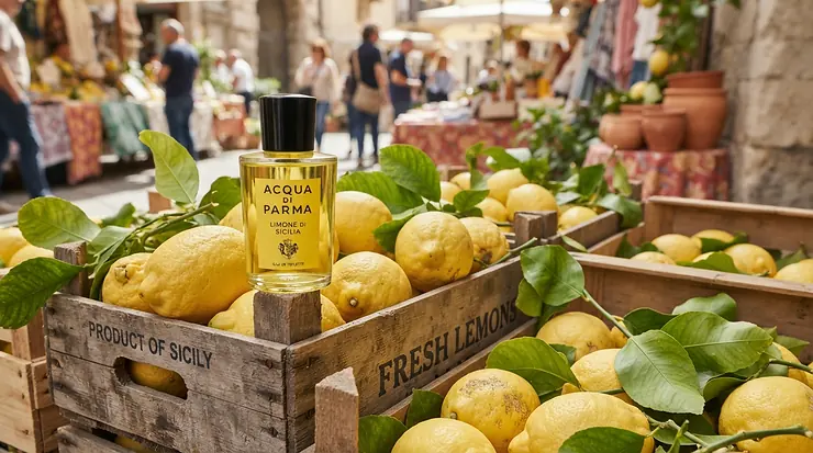 A refreshing bottle of citrus perfume for summer daily wear displayed among fresh bergamot and lemon crates.
