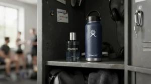 A bottle of citrus perfume for summer daily wear placed neatly beside a workout water bottle in a gym locker.