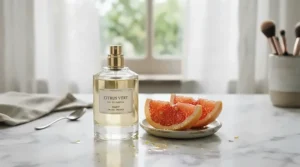 A minimalist bottle of citrus perfume for summer daily wear on a marble vanity next to fresh grapefruits.