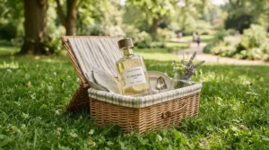 A lightweight citrus perfume for summer daily wear packed inside a weekend picnic basket on a sunny park lawn.