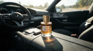 A travel-sized citrus perfume for summer daily wear sitting on the center console of a car during a sunny road trip.