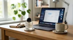 An elegant bottle of citrus perfume for summer daily wear placed on a modern home office desk next to a laptop.
