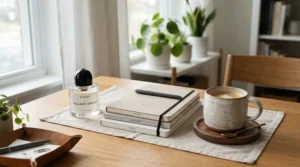 A chic desk setup featuring a fresh daily fragrance bottle and aesthetic stationery.