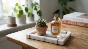 A chic marble tray holding a light everyday fragrance and skincare items on a work table.