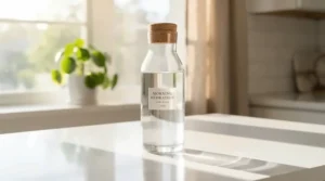 A crystal bottle of light everyday scent reflecting morning sunlight on a professional desk surface.