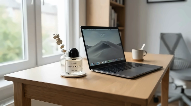 A sleek minimalist fragrance bottle sitting neatly on a modern corporate desk for a fresh everyday scent vibe. clean girl office perfume