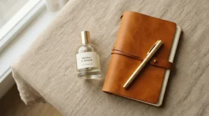 A neutral aesthetic flat lay featuring a fresh daily scent, gold pen, and minimalist planner.