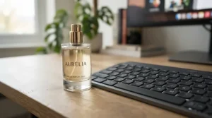 A close-up of a delicate everyday fragrance spray resting near a keyboard in a bright workspace.