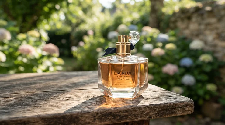 A decorative glass bottle of clean laundry scent perfume resting on a wooden porch table with fresh towels in the background.
