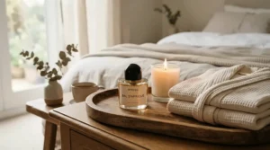 A stylish bottle of clean laundry scent perfume on a wooden tray with a burning soy candle and fluffy bathrobes.