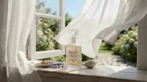 A minimalist bottle of clean laundry scent perfume set against a backdrop of soft sheer white curtains fluttering in the wind.