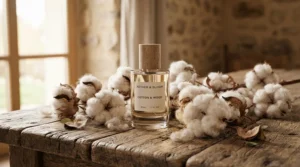 An elegant bottle of clean laundry scent perfume surrounded by delicate cotton flower stems and soft fabrics.