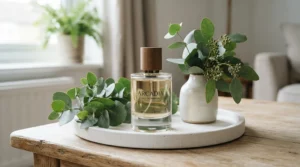 A classic bottle of clean laundry scent perfume displayed on a white ceramic tray with fresh eucalyptus branches.
