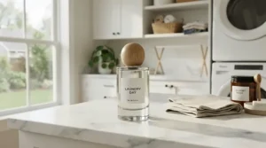 A luxury bottle of clean laundry scent perfume sitting on a marble shelf in a bright, modern laundry room.