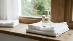 A sleek bottle of clean laundry scent perfume displayed next to crisp white cotton sheets drying on a line.