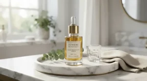 An elegant glass perfume bottle resting on a marble vanity tray, capturing the essence of an everyday perfume for women.