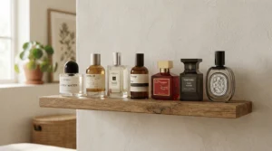 A curated collection of everyday perfume for women bottles displayed on a modern wooden shelf.