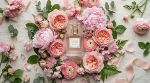 A flat lay arrangement of a popular everyday perfume for women alongside fresh pink roses.