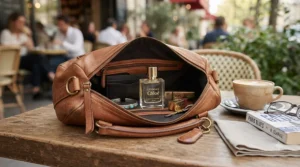 A travel-sized everyday perfume for women tucked neatly inside a stylish leather handbag.