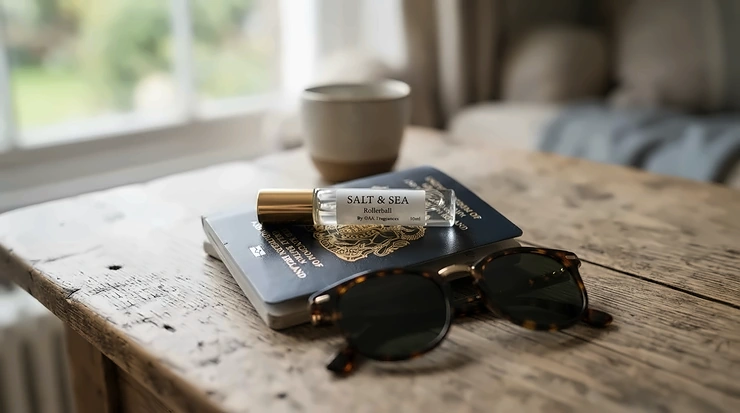 A compact rollerball everyday perfume for women ready for travel on top of a passport.