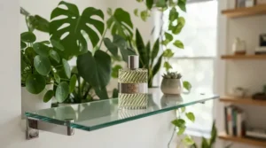 A fresh and light men's office cologne displayed proudly on a clean glass shelf in a contemporary apartment