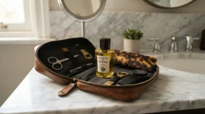 A gentle men's fragrance featured inside an organized professional grooming kit for the daily commute