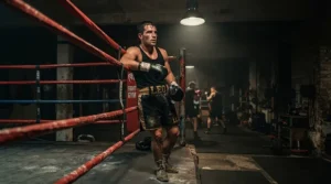 A boxer wrapping his hands while utilizing a gym perfume that survives sweat in a gritty training ring.