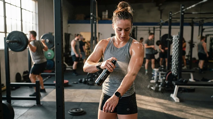 An athlete applying gym perfume that survives sweat before a heavy weightlifting session at a local fitness center.