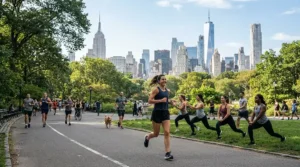 Participants at an outdoor park bootcamp trying a gym perfume that survives sweat under the afternoon sun.