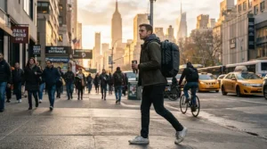 A professional walking to work carrying a gym bag with gym perfume that survives sweat in a bustling downtown.