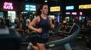 A runner testing a gym perfume that survives sweat during a high-intensity cardio workout on a treadmill.