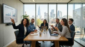 Diverse colleagues collaborating in a sunny boardroom, highlighting the subtle nature of hypoallergenic perfume for office wear.
