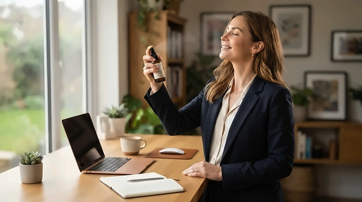 Professional woman applying hypoallergenic perfume at her clean corporate desk before a morning meeting.