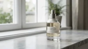 Sleek glass bottle of hypoallergenic perfume resting on a minimalist marble desktop surface.