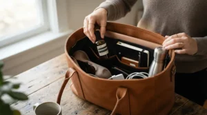 A compact hypoallergenic perfume for office wear tucked neatly inside a professional leather work tote.