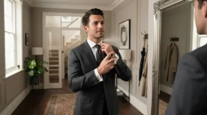 A man spraying hypoallergenic perfume for office wear before leaving his apartment for work.