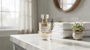 A sleek bottle of light and fresh perfume for daily wear displayed on a marble bathroom counter.